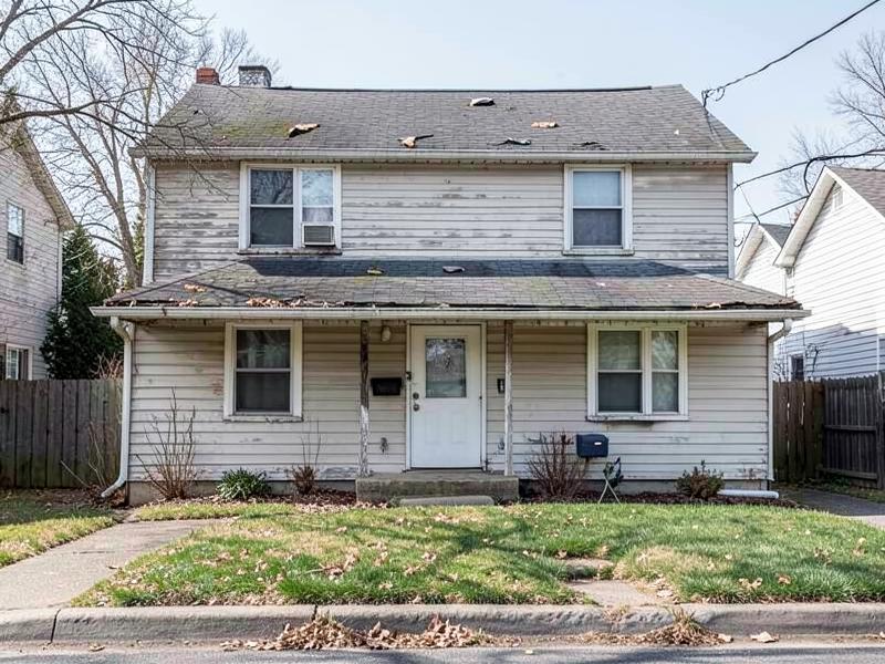 Worn two-story suburban home with aging roof and missing shingles